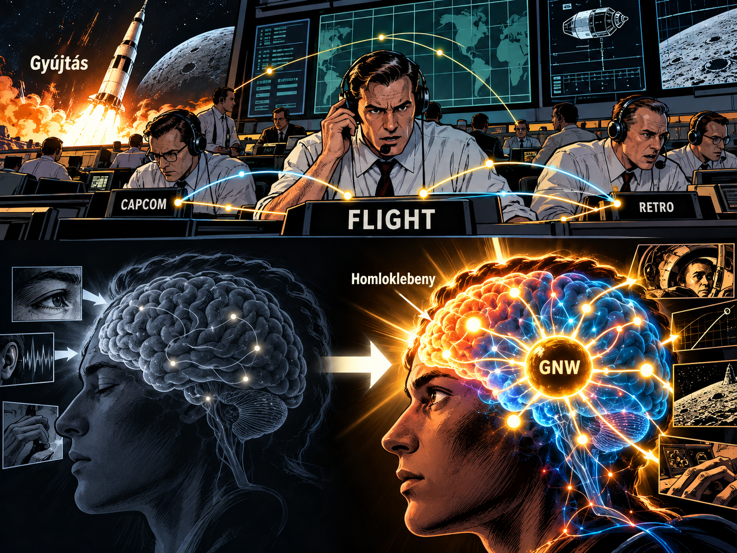 A FLIGHT Directorra csak akkor van szükség, amikor a rutinhoz képest valamilyen magasabb együttműködést igénylő feladatot kell megoldani. Ilyenkor Ő dönt hogy a szakemberek milyen feladatokat odjanak meg egymás között. Majd a részmegoldások után egyeztet és újraosztja a feladatokat. Feladata hasonlít a homloklebenyére, mely a GNW-be hívja meg a szükséges specialista agykérgi területeket.