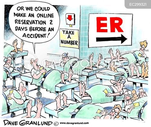 A sürgősségi osztály betegeinek van ideje gondolkodni. A karikatúra felirata: Lehet hogy onlone kellene regisztrálnunk a baleset előtt 2 nappal?