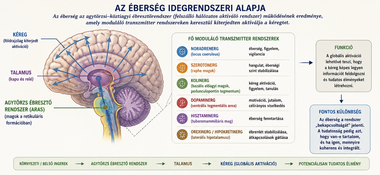 Az éberség és a tudatosság nem azonos. Az egészséges tudatállapotokhoz megfelelő éberségre van szükség. Az éberséget a kéreg alatti felszálló aktiváló rendszerek hozzák létre.