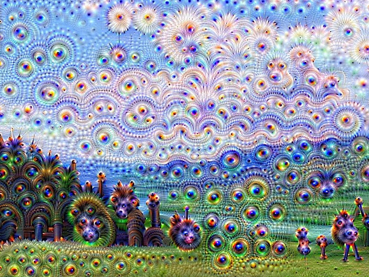 A Google Deep Dream hálózat által hallucinált ég képe. Mint ahogy az LSD és túl erősre állít bizonyos iderendszeri visszacsatolásokat, a Deep Dreamben is ha túl erősre kapcsuolják a 