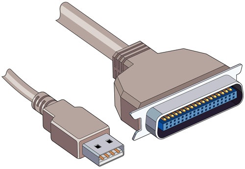Egy modern USB kábel (bal) és egy dinoszaurusz nyomtató kábel a múlt századból (jobb)
